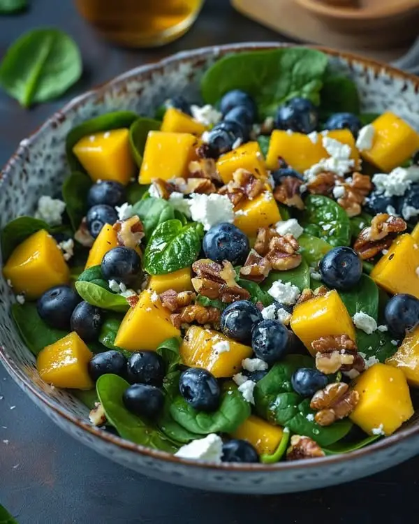 Frischer Mango-Spinat-Salat mit Blaubeeren, Walnüssen und Feta – Ein Sommertraum auf dem Teller
